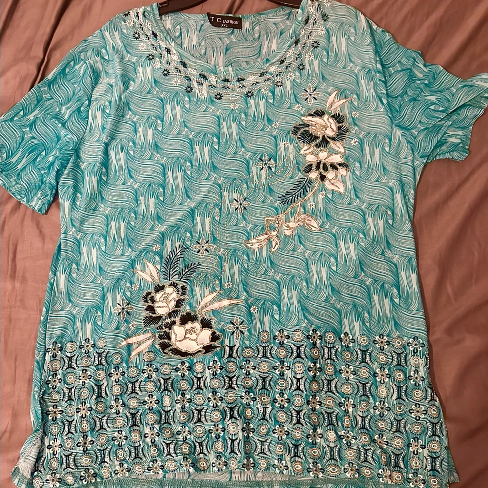 Women's Bluish-green Floral Top, with silvery stitching ****add on*****
